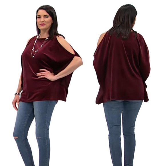 LYSSE Red Cabernet Velvet Caftan Cold Shoulder Blouse Top NWT Plus 1X/2X - Picture 3 of 6